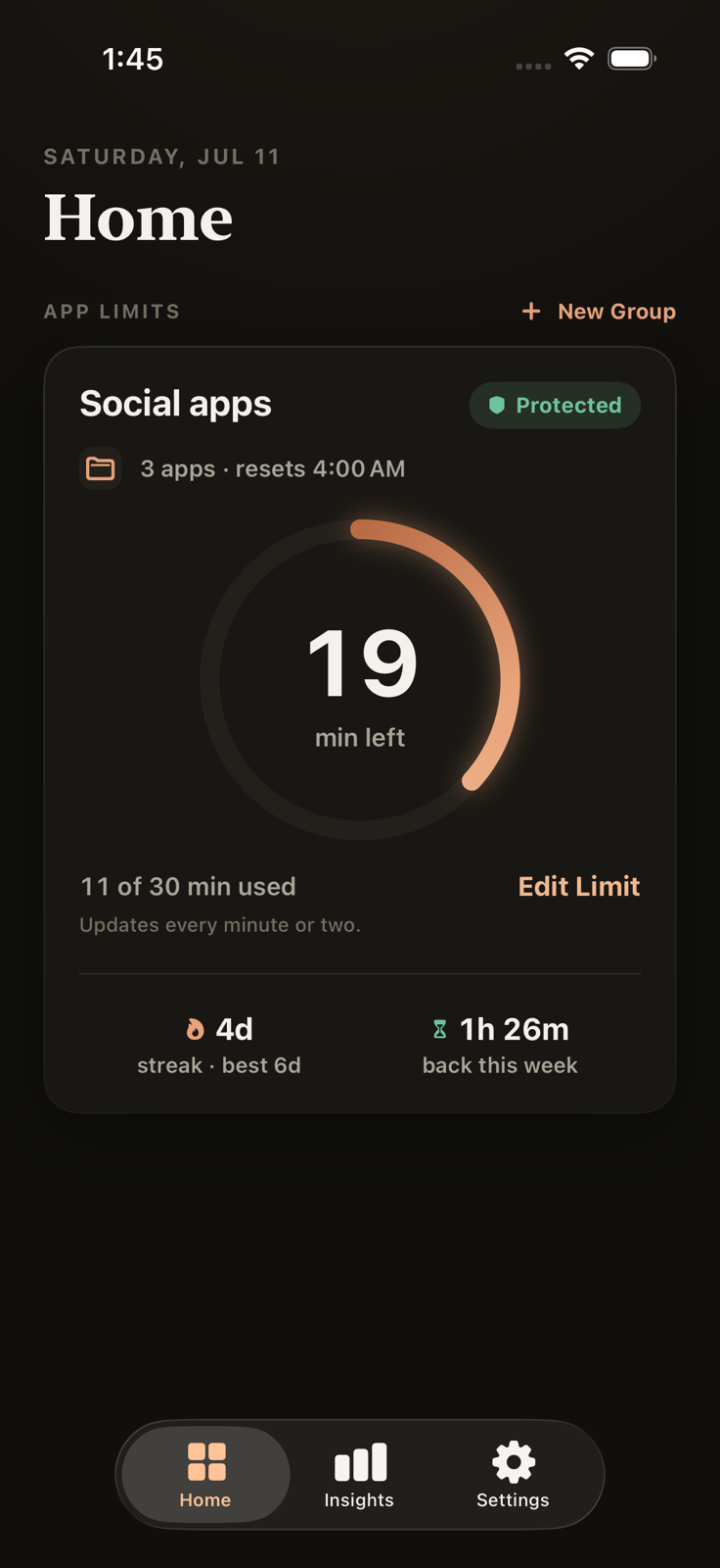 Vault home screen with the daily ring and app limits
